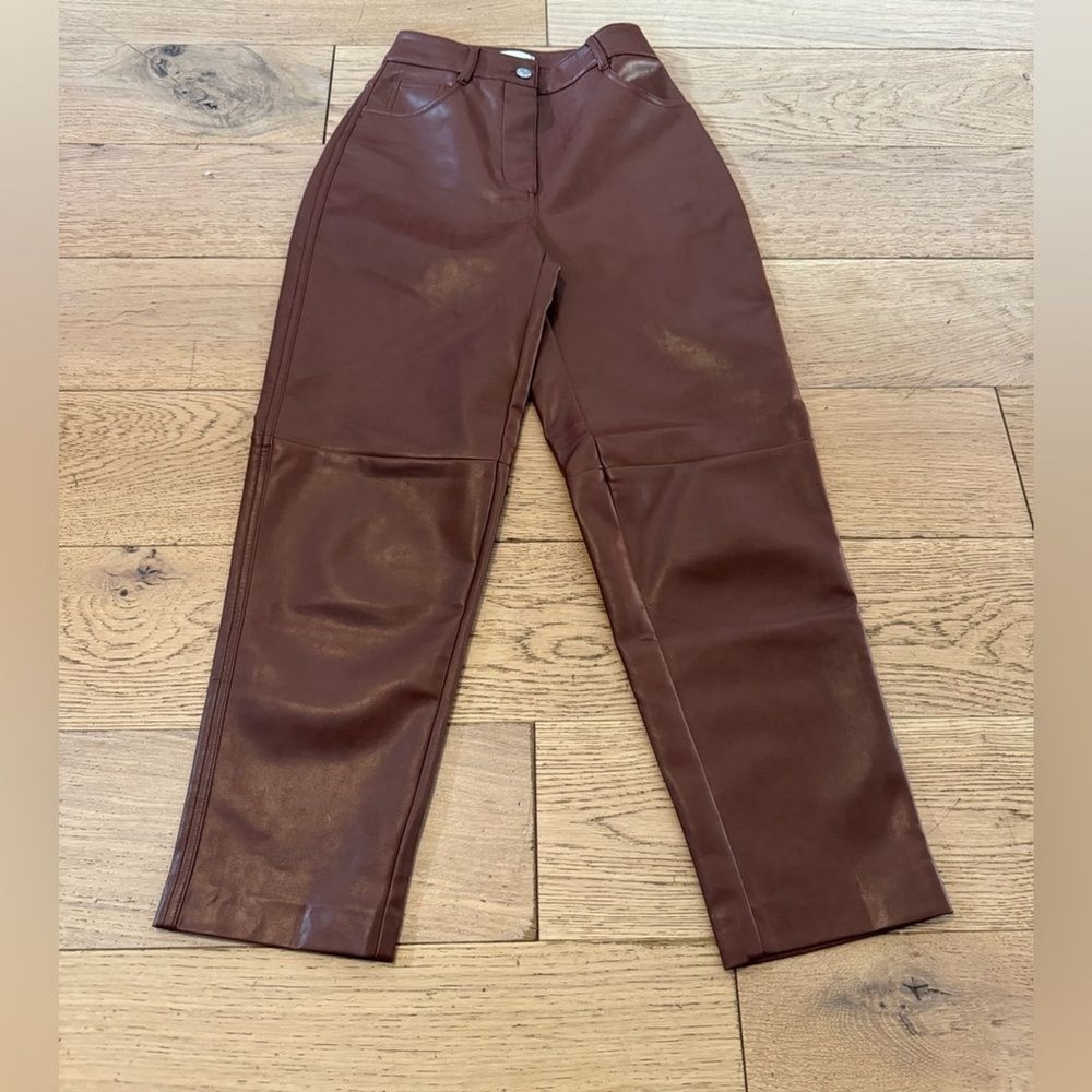 Wilfred Free Aritzia Vegan Leather Straight Leg Pants Cognac Brown Size 00 (928)